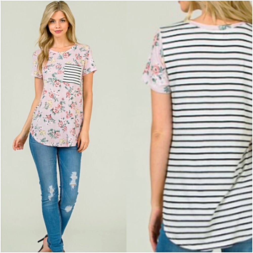 Adorable Blush Floral Striped PocketTee SML - Picture 5 of 8